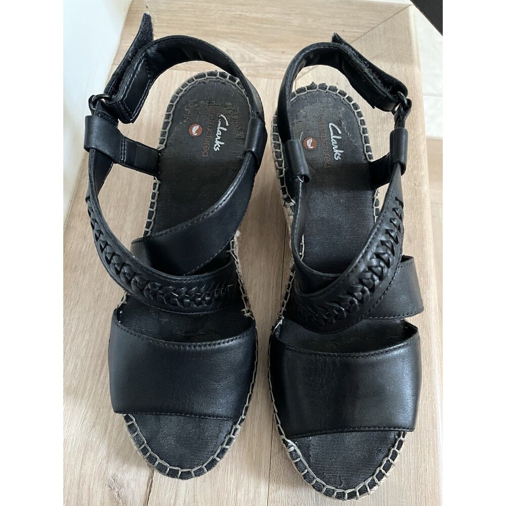 Clarks Womens Petrina Bay Wedge Leather Sandal Size 8M Black Everyday Casual Y2K